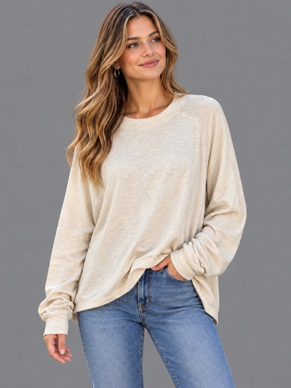 Aerie Oversized Cotton Sweater Oatmeal Raglan Sleeve Size Large
